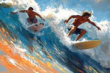 Two surfers ride ocean wave, sunset background, action shot, summer sport