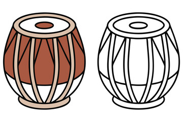 Detailed tabla drum with color and outline creates harmony on a white background