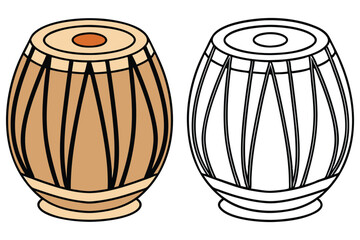 Two tabla drums displayed, one colored in brown, the other presented in outlined black and white