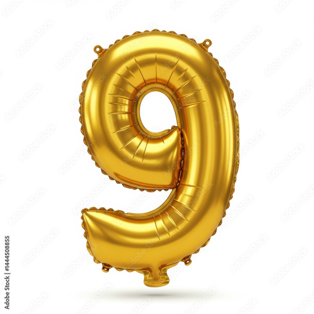 Poster isolated shiny golden number nine balloon floating on a white plain studio background view in detail