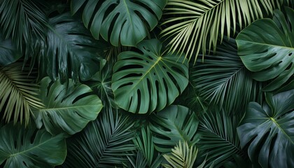 Tropical leaf arrangement of various shapes and shades.