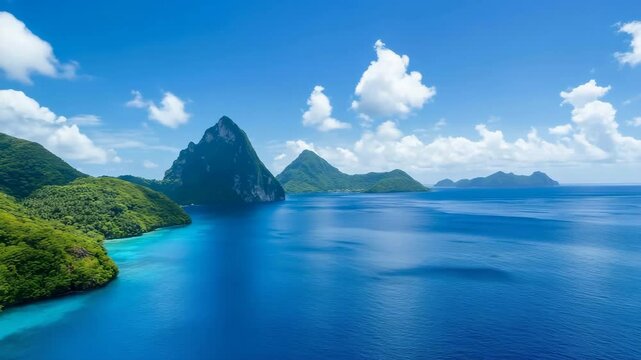 A beautiful blue ocean with mountains in the background. The mountains are in the distance and the ocean is calm