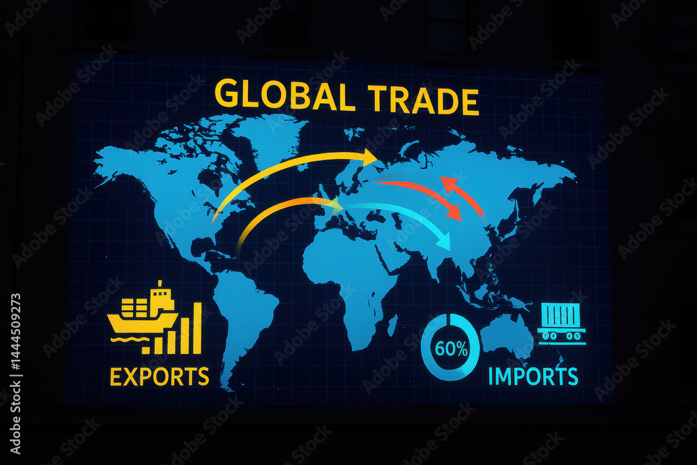 Poster global trade concept showing export and import flow on world map illustrating globalization impact o