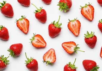 An overhead view of whole and halved strawberries scattered on a plain white surface background evenly