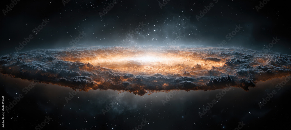 Poster cosmic scene with glowing galaxy, swirling clouds of gas and dust, and countless stars in deep space