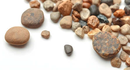 Assorted Smooth River Stones on White Background: Natural Pebble Collection