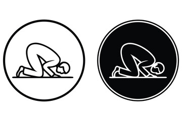 Muslim person kneeling and bowing in a black and white outlined circle icon