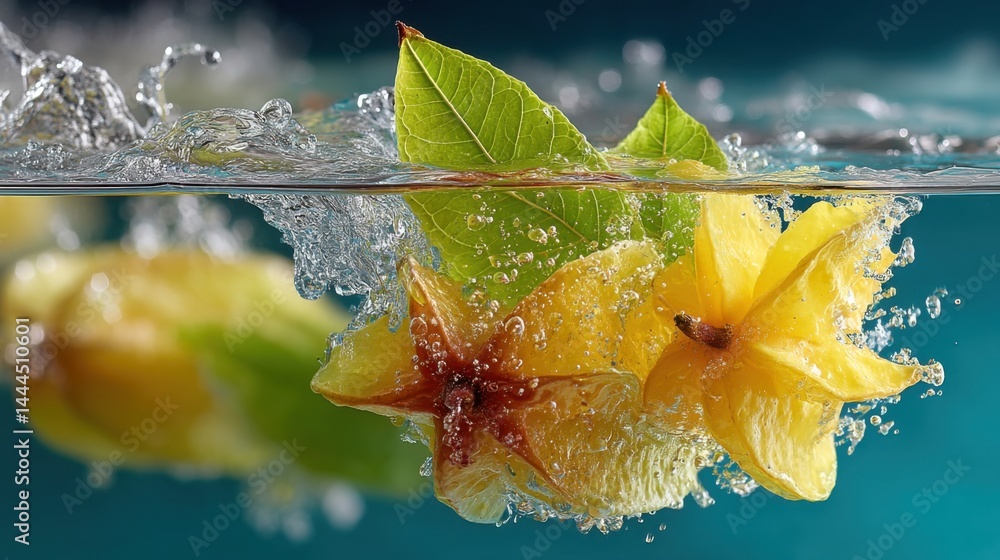 Aufkleber Starfruit splashing in water with leaves creating a refreshing and vibrant image