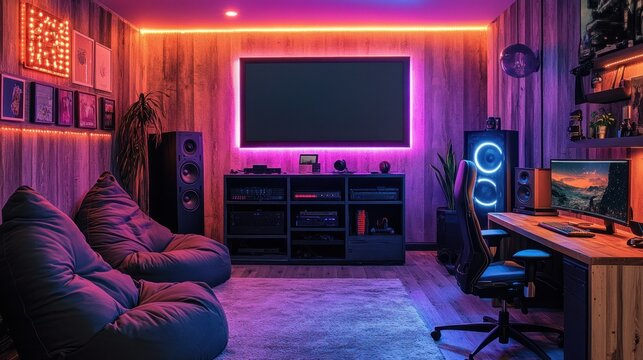Modern gamer's lounge with vibrant lighting, comfortable seating, and a dedicated entertainment center