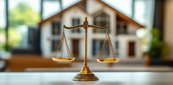 Balance of justice in honor of real estate decisions at a modern office during daylight - Powered by Adobe