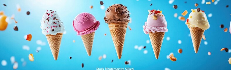 Colorful ice cream cones displaying various flavors against a bright blue background in a joyful setting