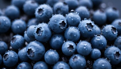 Vibrant close-up of fresh blueberries, glistening with water droplets, ready to eat.