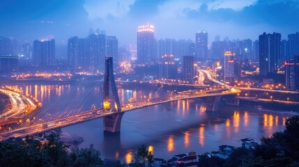 Naklejka premium Urban cityscape at twilight, showcasing a bridge over a river.
