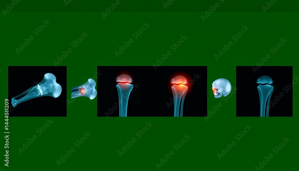 Poster bone structures with red highlight isolated on green screen background displaying skeletal anatomy f