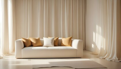 Elegant living room featuring a white sofa with pillows and soft sunlight through curtains.