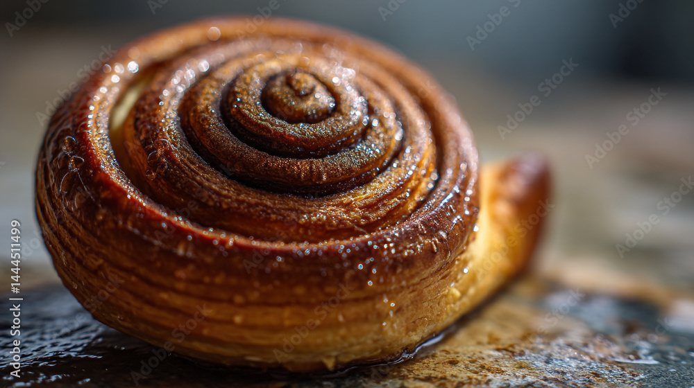 Poster freshly baked cinnamon roll resting on a rustic table with droplets of glaze