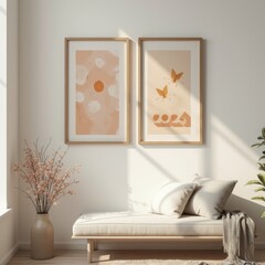 Room corner with wall shelf, 2025-trendy palette posters, glass vase with flowers, warm daylight
