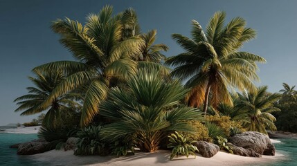 Fototapeta premium Lush tropical island scenery with palm trees.