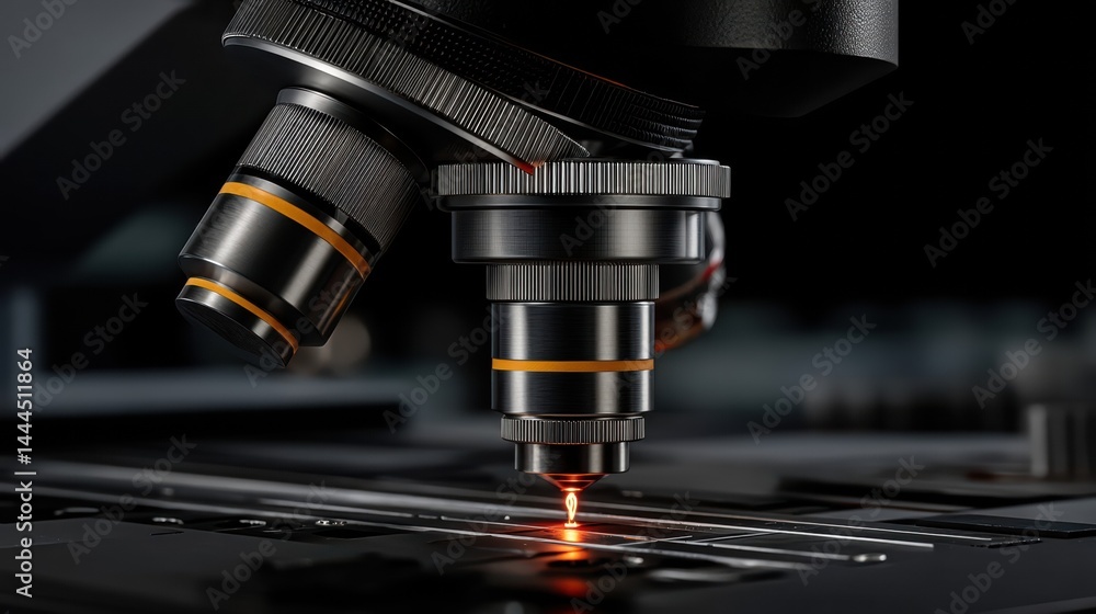 Poster close-up view of a microscope's lenses focusing on a sample.