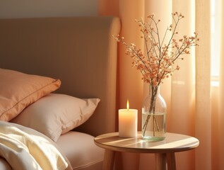 Bedside table with glass flower vase, candle, apricot crush fabric, warm sunlight highlight
