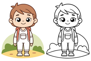 Cartoon boy with backpack and overalls smiling stands beside the black outline on ground