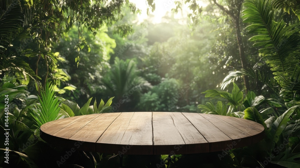 Poster empty wooden round table top in tropical jungle surrounded by lush greenery and sunlight filtering t