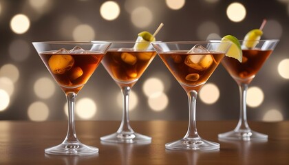 Four classy martini cocktails with olives and limes, perfect for a luxurious night out.