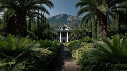 Fototapeta premium Elegant white house nestled within lush tropical garden.