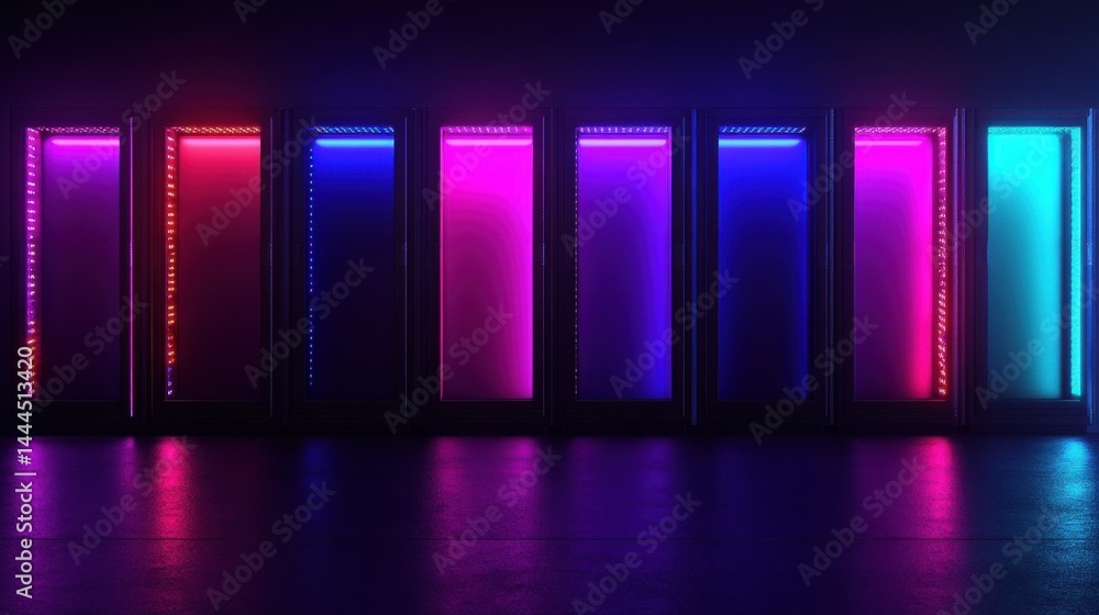 Poster row of network servers with glowing led lights.
