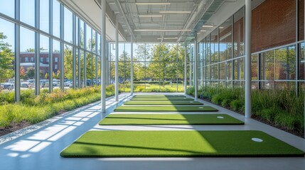 Modern indoor golf practice facility with large windows