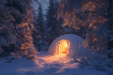 Cozy igloo illuminated by warm light in a snowy forest at night, Cozy igloo in a snowy forest at night with warm light glowing Winter serenity concept
