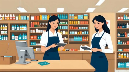 Two Female Shop Assistants Managing Inventory in Retail Store