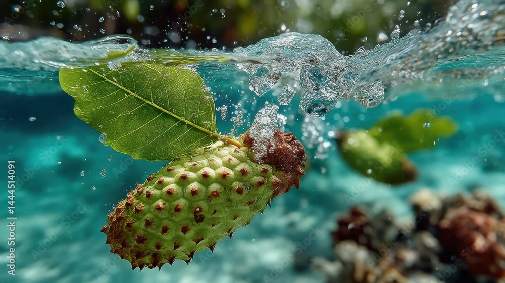 Poster underwater view of a noni fruit with leaf submerged in clear turquoise water