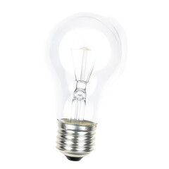 Close-up of a clear incandescent light bulb with a visible filament lighted and isolated on a white background for energy, electricity, and technology themes