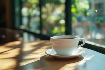 Fototapeta premium Coffee cup resting on cafe table with soft sunlight illuminating urban surroundings, Closeup of a cup of coffee on a cafe table near the window with copy space in