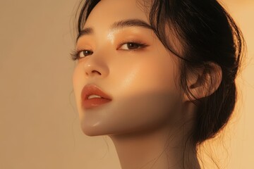 Fototapeta premium Elegant Asian woman with glowing skin showcases natural beauty in soft golden light, Elegant Asian woman on beige, her glowing skin reflecting cosmetology expertise