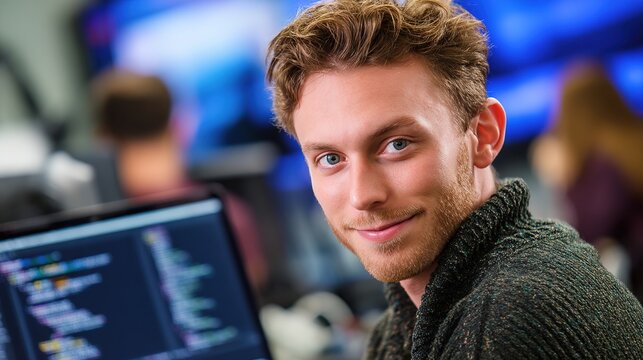 Backend developer in action at tech workspace gigapixel quality portrait engaging environment