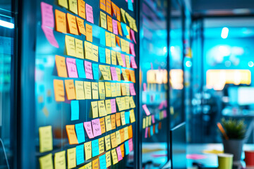 Colorful sticky notes on a Kanban board, agile project management for software development