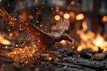 Obraz premium Fiery metal bird in mid-flight over forge.
