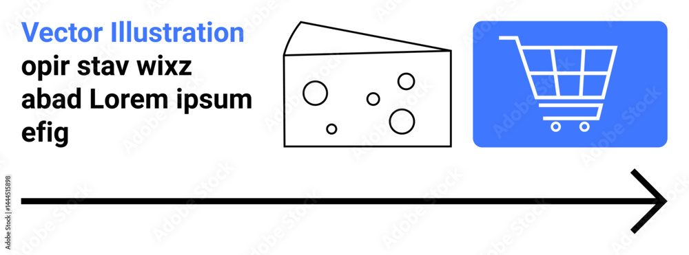 Poster cheese slice positioned beside blue shopping cart within a simple linear arrow layout. ideal for foo