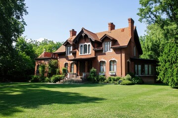 Brick country house surrounded by lush green lawn under a clear blue sky on a sunny day, Brick country house with green lawn and clear sky