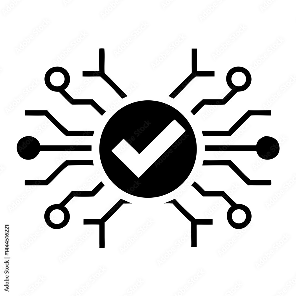 Poster tech startup logo featuring grid and checkmark icon with blue and white color scheme vector illustra