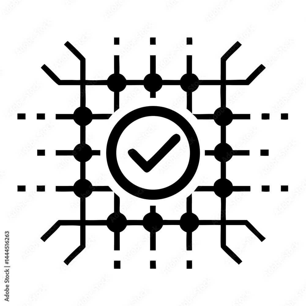 Poster Modern Tech Logo with Grid Pattern and Checkmark Icon for Web Solutions Vector Illustration