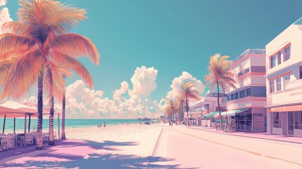 midjourney generated illustration by ai, miami beach scene in pastel colors