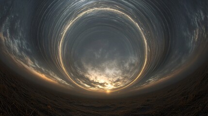 Circular object suspended in the sky representing celestial energy fields and expanding dark matter rings against a cosmic backdrop