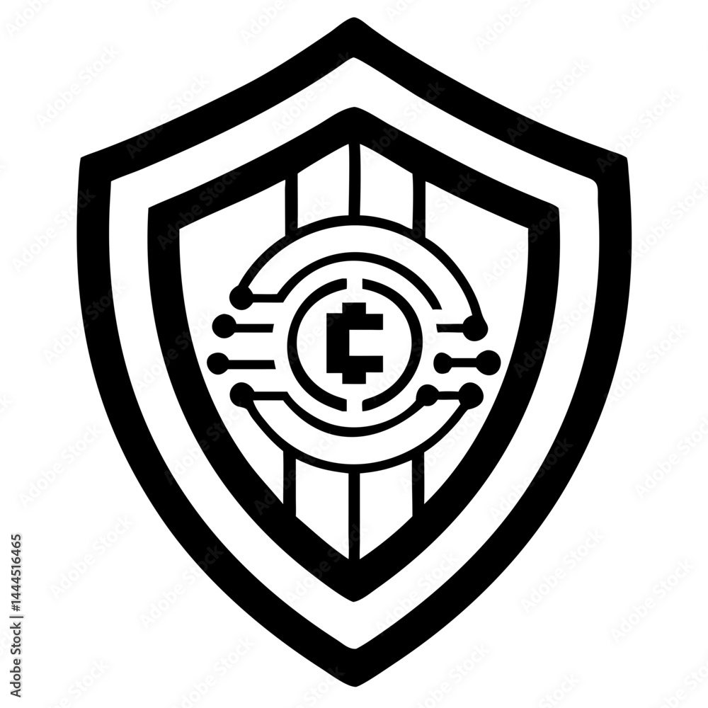 Poster minimal fintech branding logo with shield and digital coin design for secure cryptocurrency identity