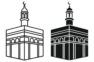 Two kaaba structures showcasing different design styles with one in outline and another in solid black