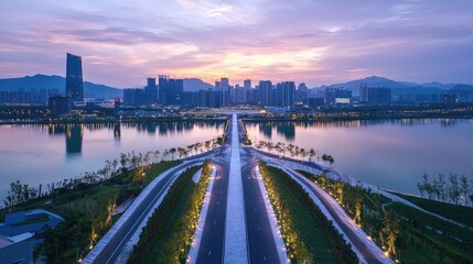 Elevated urban pathways reflecting on tranquil lake waters.