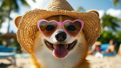 Corgi enjoys a sunny day at the beach wearing sunglasses and a straw hat