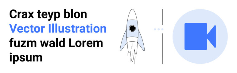 Rocket blasting off representing innovation and growth, bold text conveying information, paired with video icon. Ideal for tech, education, innovation, media, communication, product launch simple
